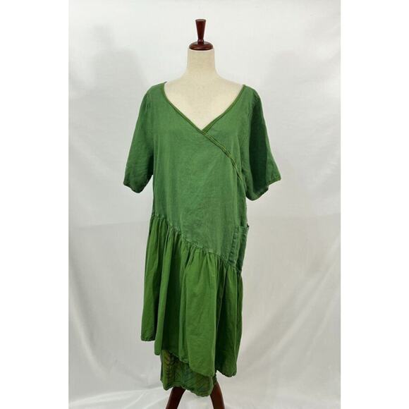 BLUE FISH Sz 1 Layered Green Short Sleeve Dress Linen - Picture 9 of 10